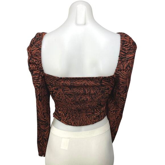 & Other Stories Brown Smocked Animal Zebra Print Square Long Sleeve Crop Top 0 - Picture 7 of 9